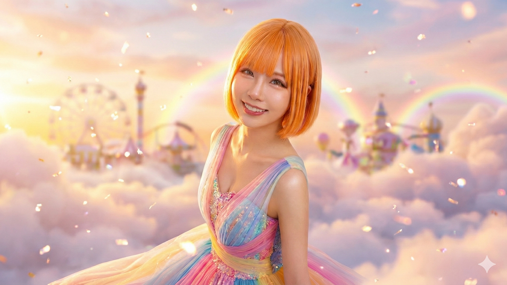 クリエイティブ撮影：虹が架かるメルヘンチックな遊園地と雲海を背景にした、オレンジヘアの花嫁