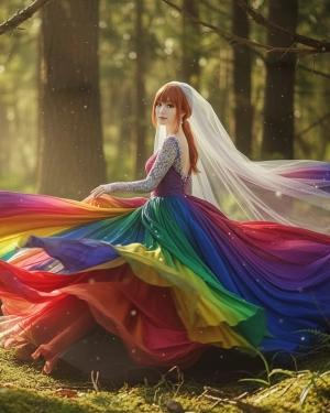クリエイティブ撮影：深い森の中で、鮮やかな虹色のドレスをふわりと大きく広げる花嫁