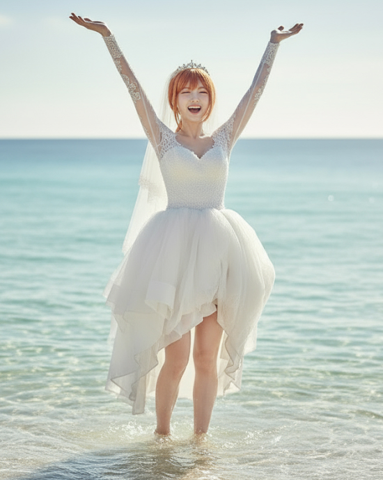 海辺でウェディングドレスを着て笑顔で両手を上げる花嫁