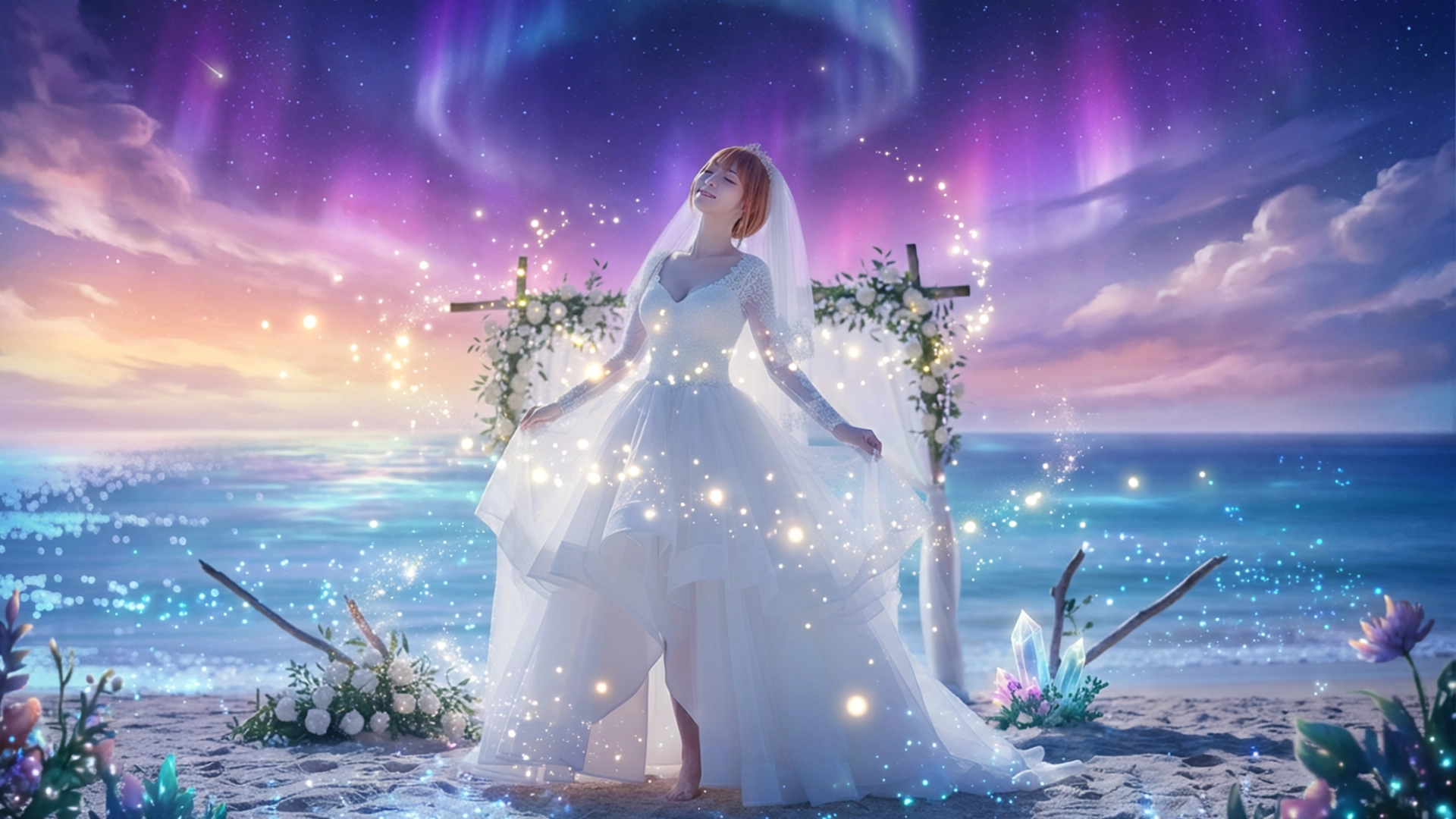 パーフェクトプラン撮影：美しいオーロラと星空が輝く海辺で、幻想的な光に包まれる花嫁