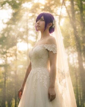 パーフェクトプラン撮影：柔らかな森の木漏れ日の中、光の粒に包まれて空を見上げる紫ヘアの花嫁