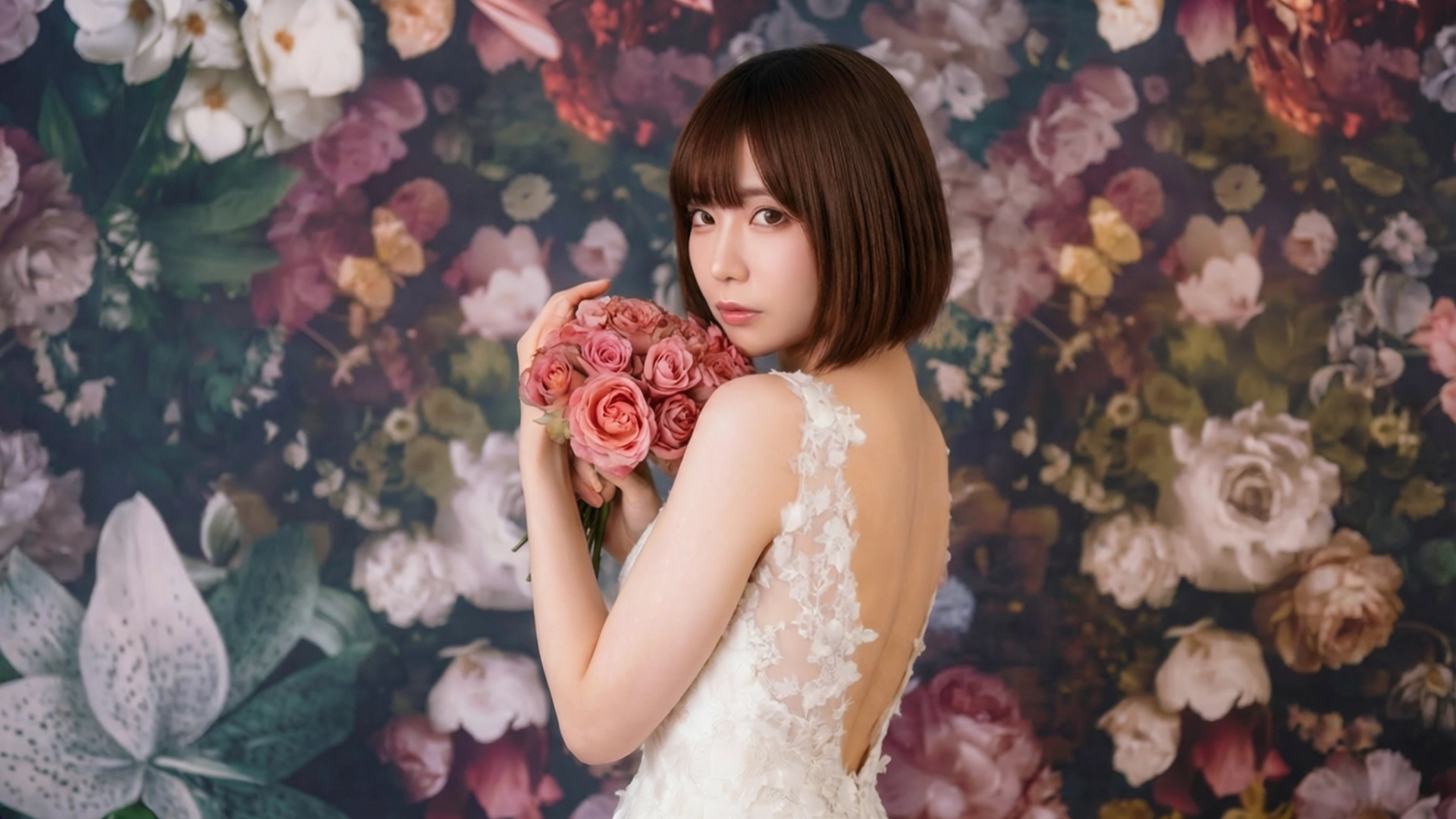 スタジオ撮影：アンティークで華やかな花柄を背景に、ピンクのバラのブーケを持つ花嫁