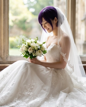 スタジオ撮影：クラシックな石造りの建物の窓辺に座り、白い花束を優しく見つめる紫ヘアの花嫁